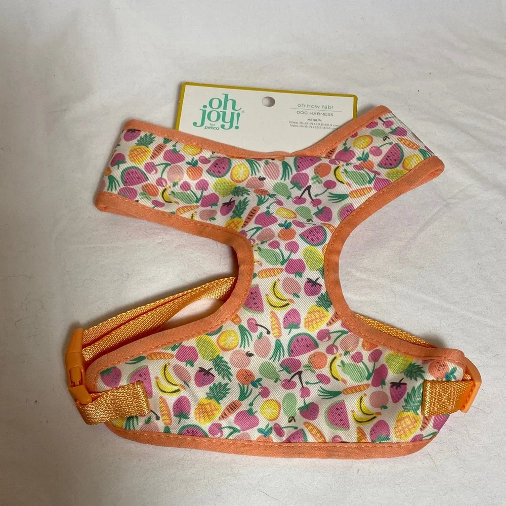 Oh joy! Dog Harness in a Fun Fruit&Veggie patten & orange web Size-M NWT